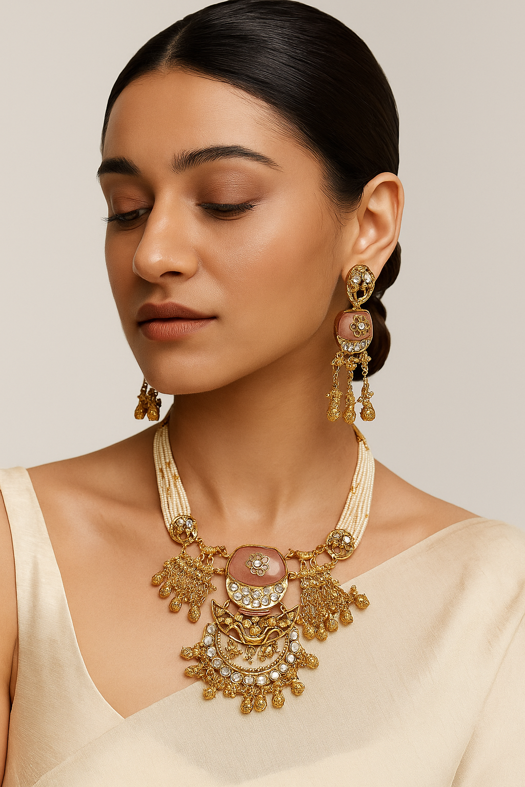 Antique Gold Plated Necklace Set with Pink Stone & Pearl Strings