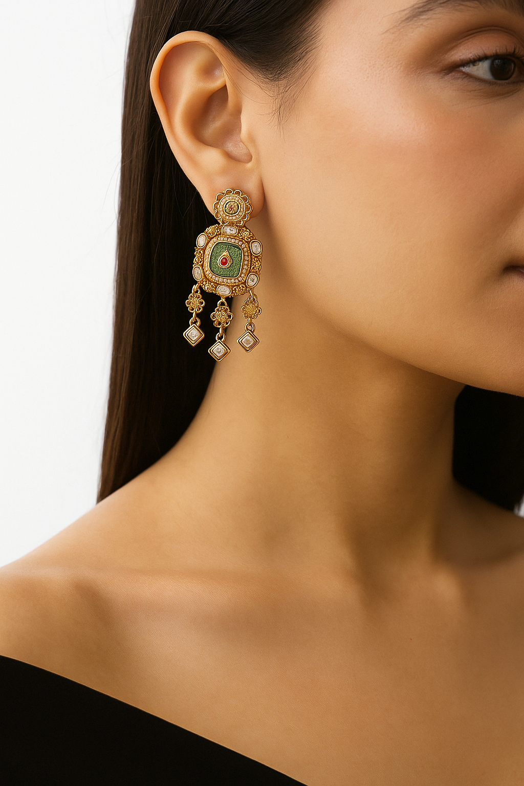 Antique Green and Ruby Stone Earrings with Floral Danglers