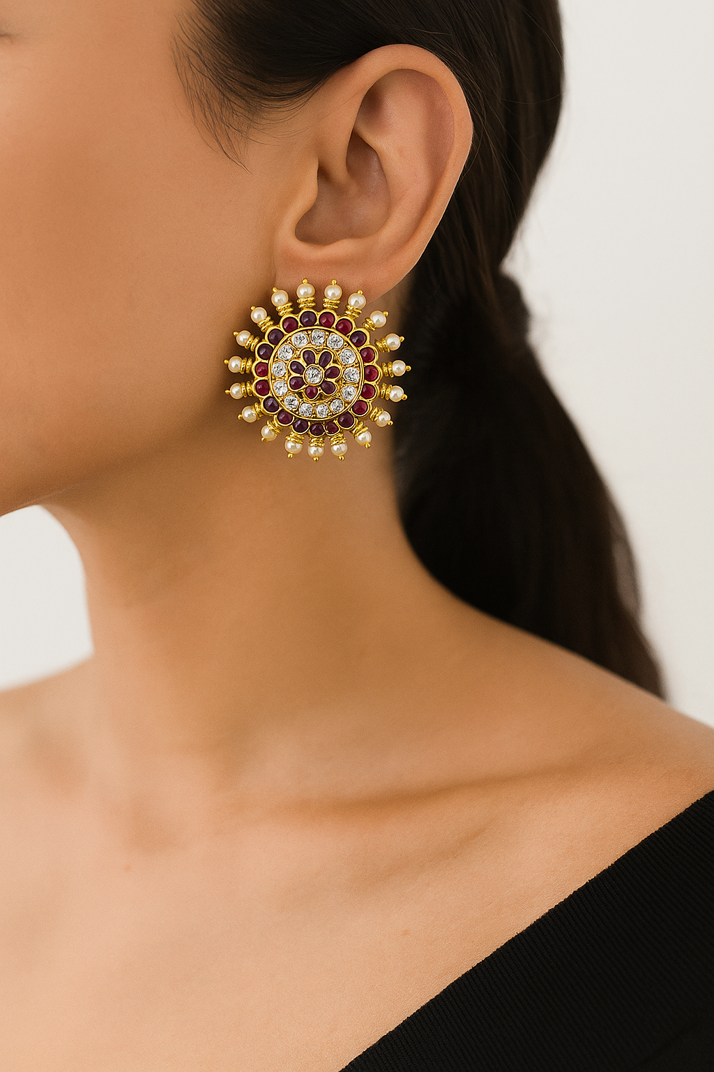 Ruby Pearl Floral Stud Earrings