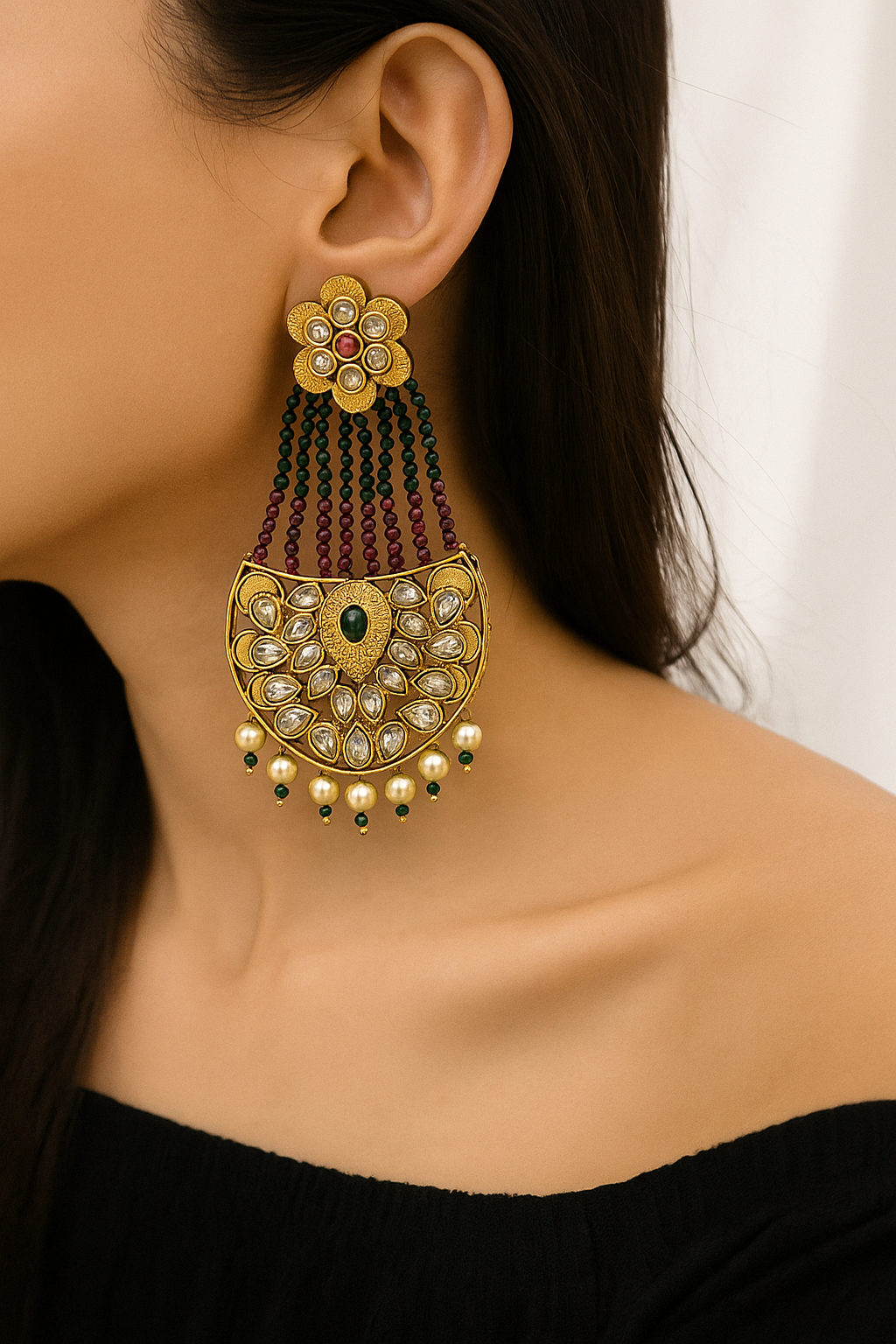 Kundan Peacock Beaded Long Earrings