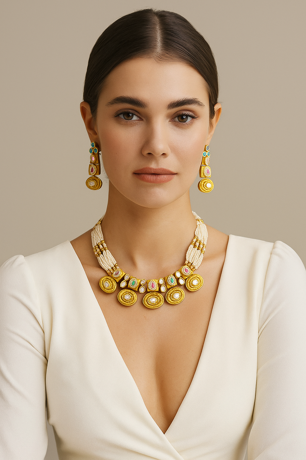 Antique Gold Pearl Necklace Set – Multicolor Stone & Kundan Design