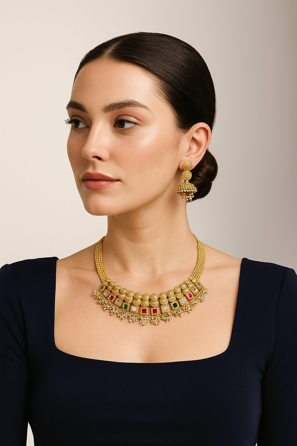 Antique Gold Coin Necklace Set – Kundan Stones with Pearl Detailing