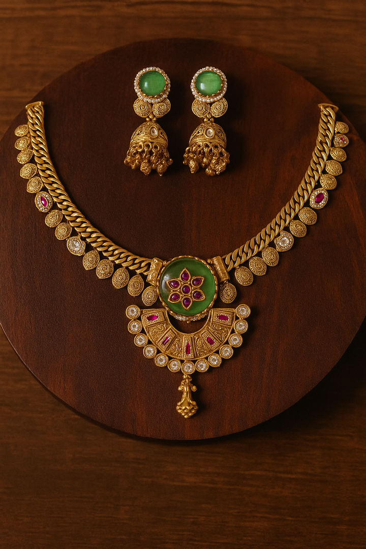 Antique Gold Necklace Set – Ruby & Green Stone Design with Jhumka Earrings