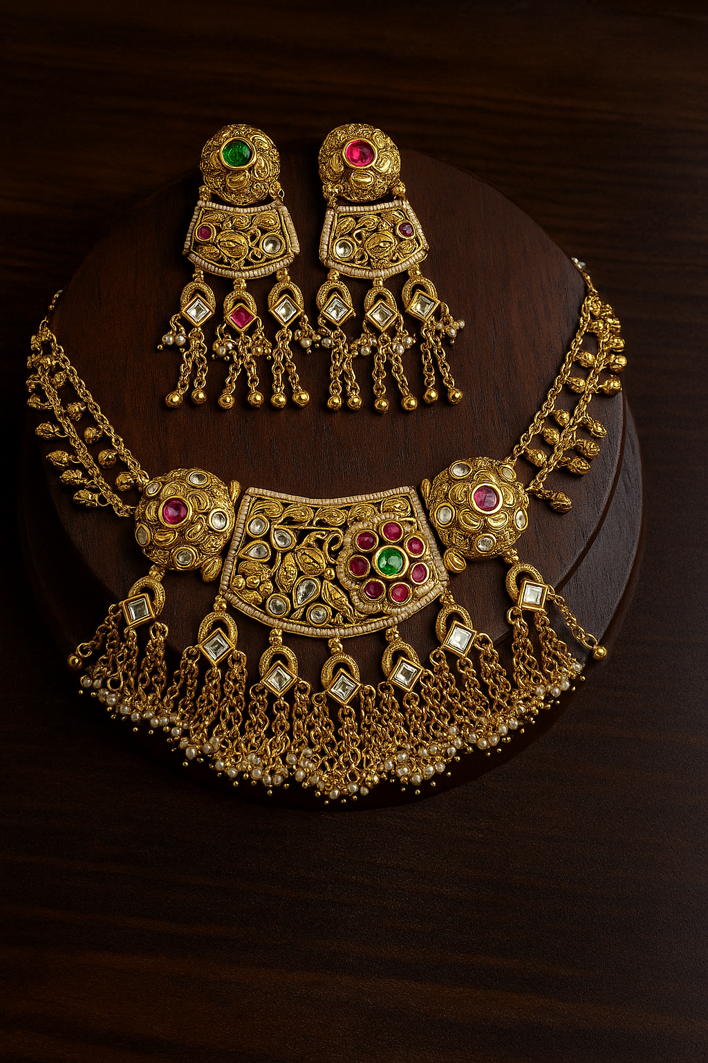 Antique Gold Peacock Necklace Set – Temple Design with Ruby, Emerald & Pearl Detailing