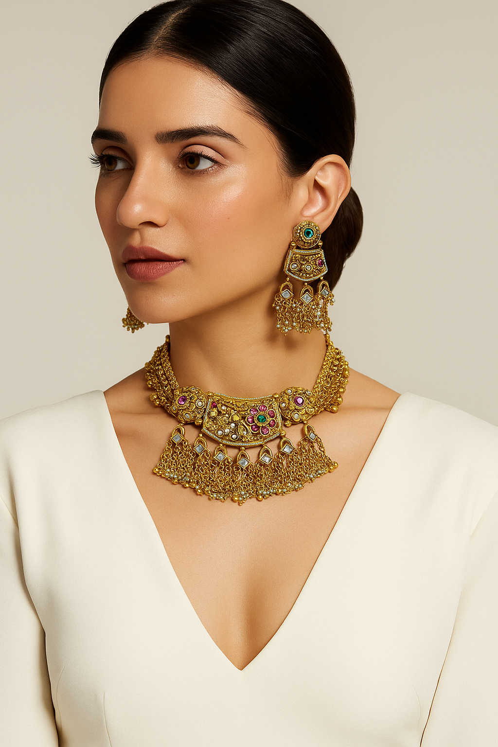 Antique Gold Peacock Necklace Set – Temple Design with Ruby, Emerald & Pearl Detailing