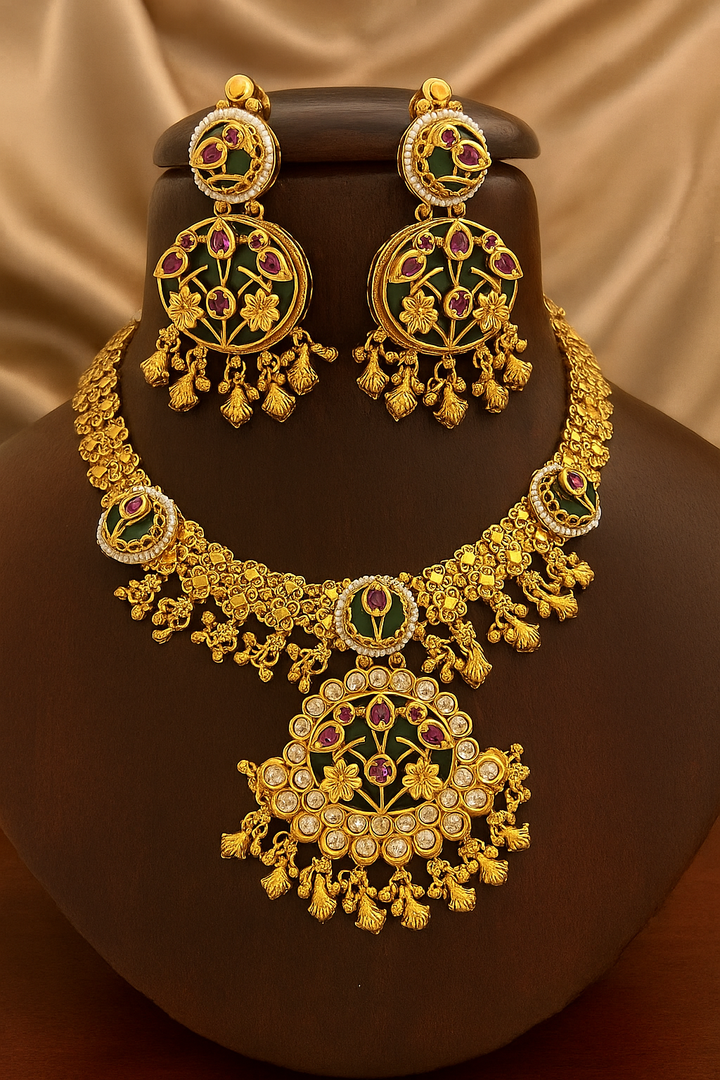 Antique Floral Kundan Necklace Set – Ruby Stone Temple Design with Gold Finish