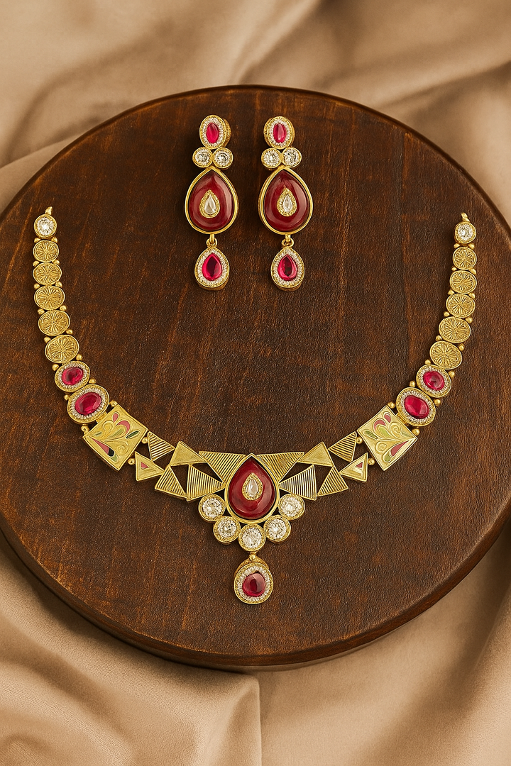Ruby Kundan Necklace Set – Gold Finish with Enamel Detailing