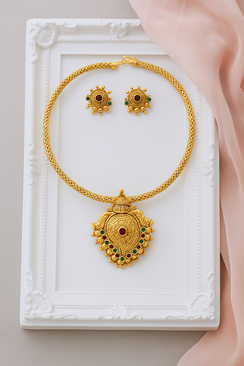Antique Gold Temple Necklace Set – Lakshmi Pendant with Ruby & Emerald Detailing