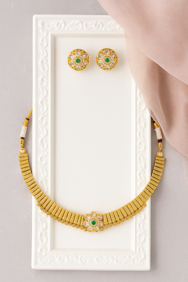 Antique Gold Floral Necklace Set – Emerald Stone Detailing with Matching Stud Earrings