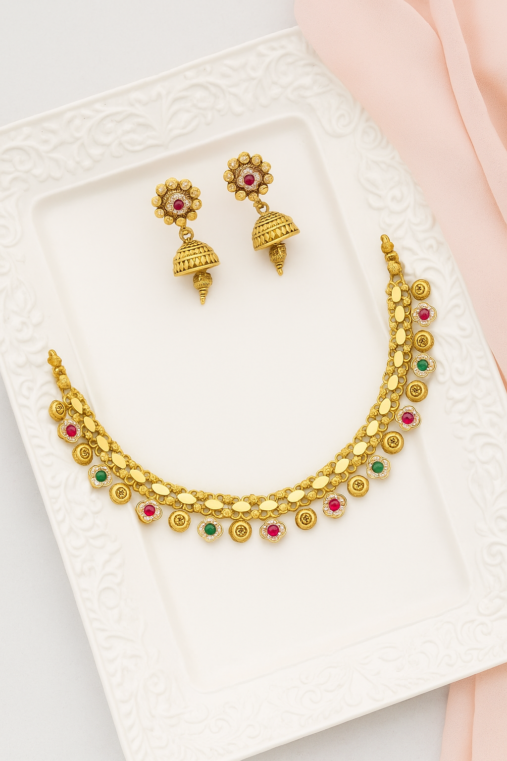 Antique Gold Ruby & Emerald Temple Necklace Set with Jhumka Earrings