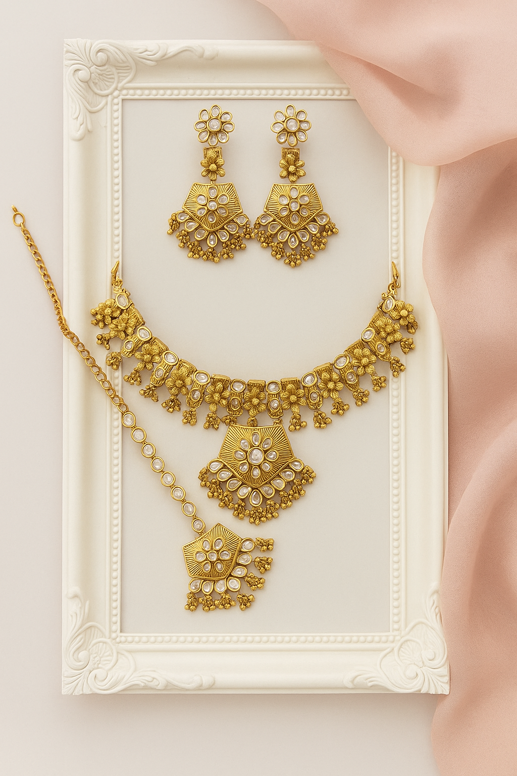Antique Gold Kundan Bridal Choker Set with Maang Tikka and Earrings