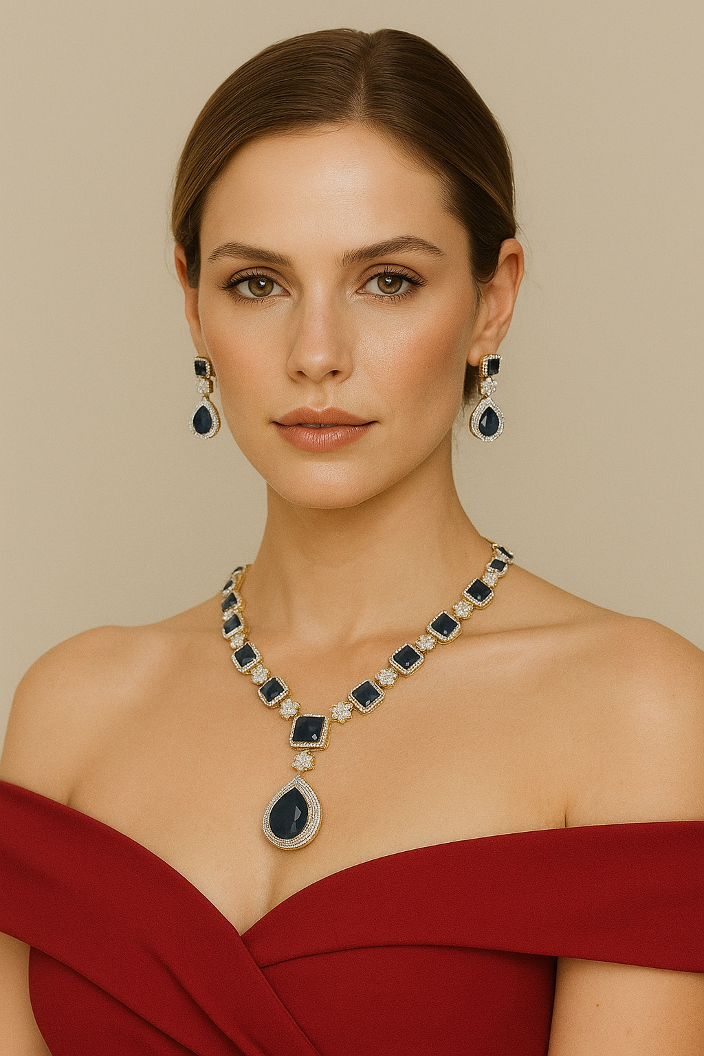 Luxury Black Stone Diamond Look Necklace Set