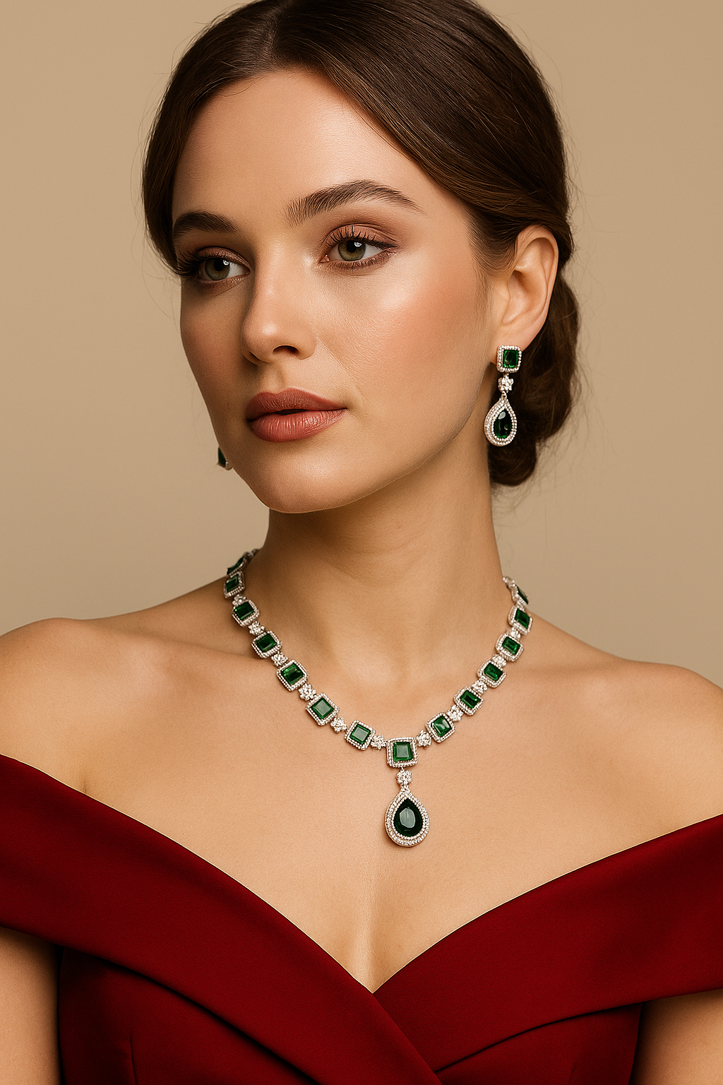 Classic Emerald Diamond Look Necklace Set