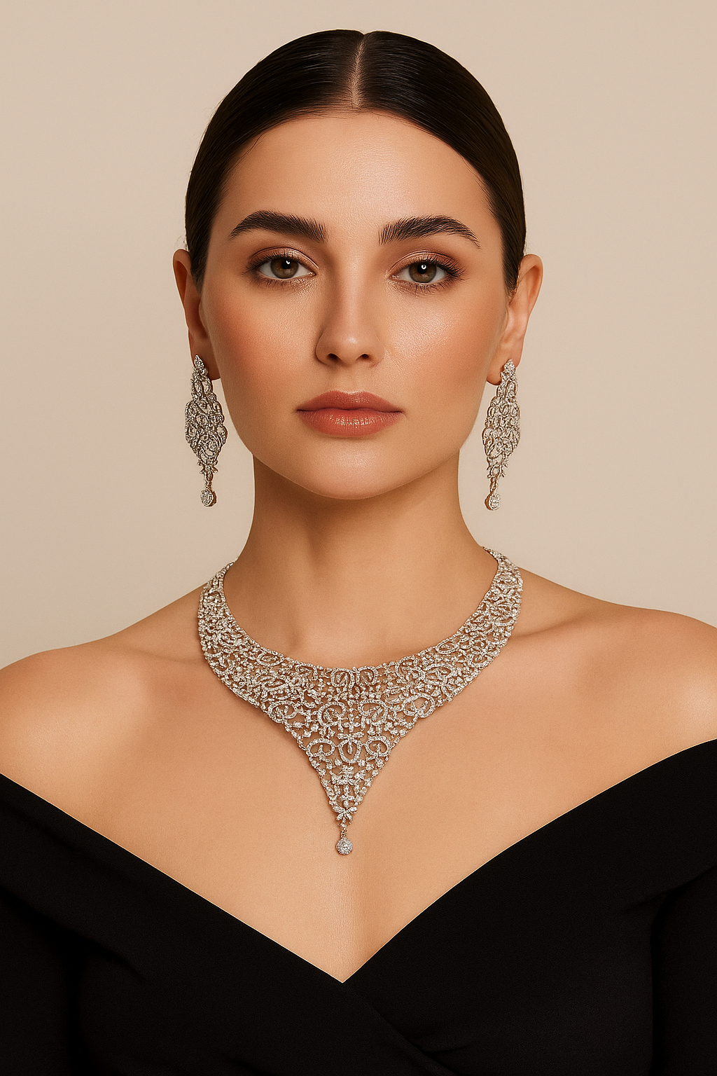Elegant Filigree Diamond Look Necklace Set