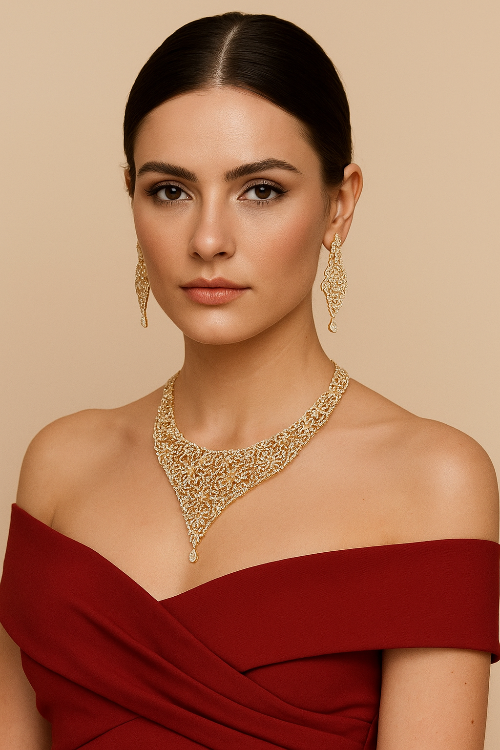 Golden Filigree Diamond Look Necklace Set