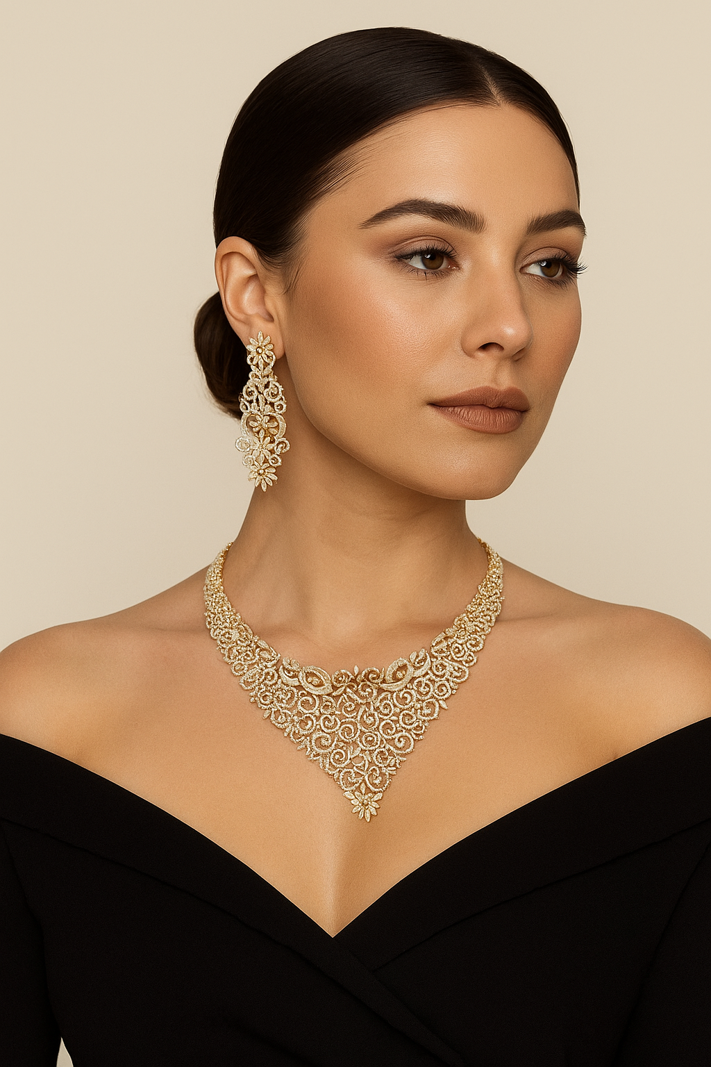 Golden Swirl Diamond Look Necklace Set