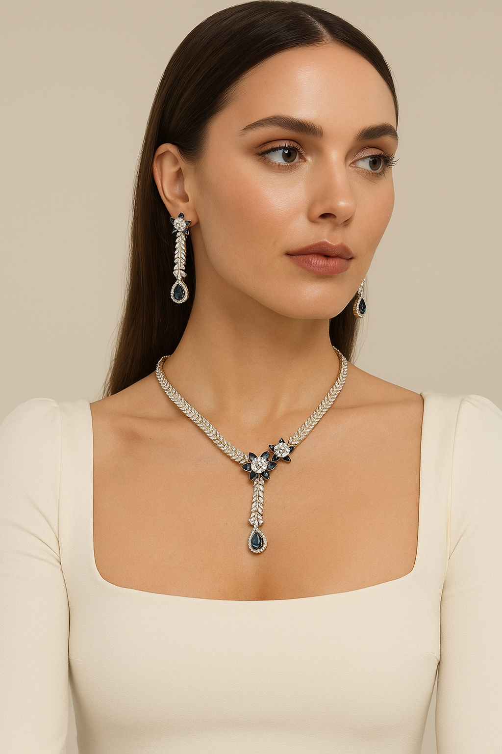 Royal Bloom Blue Diamond Look Necklace Set