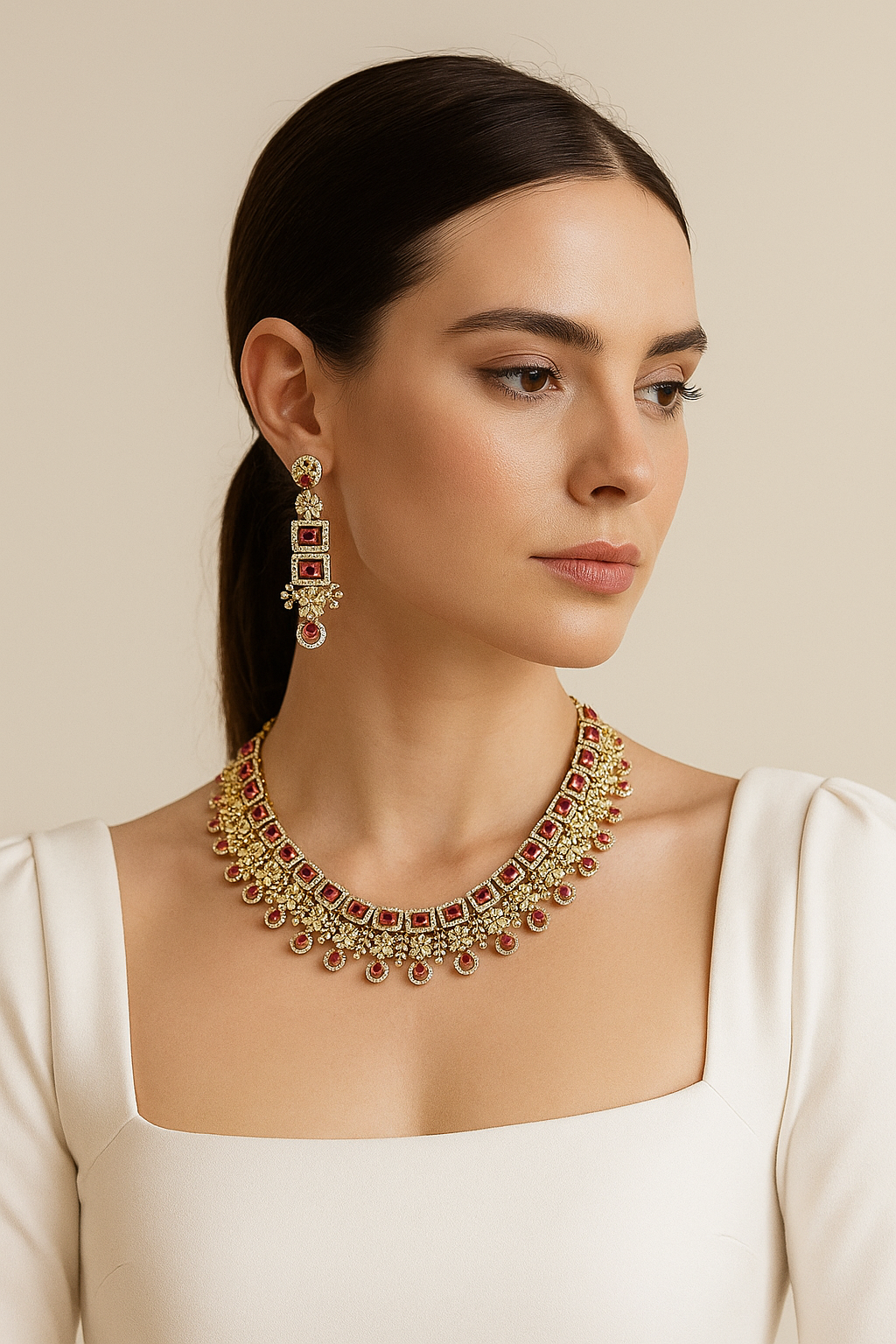 Crimson Majesty Ruby Diamond Look Necklace Set