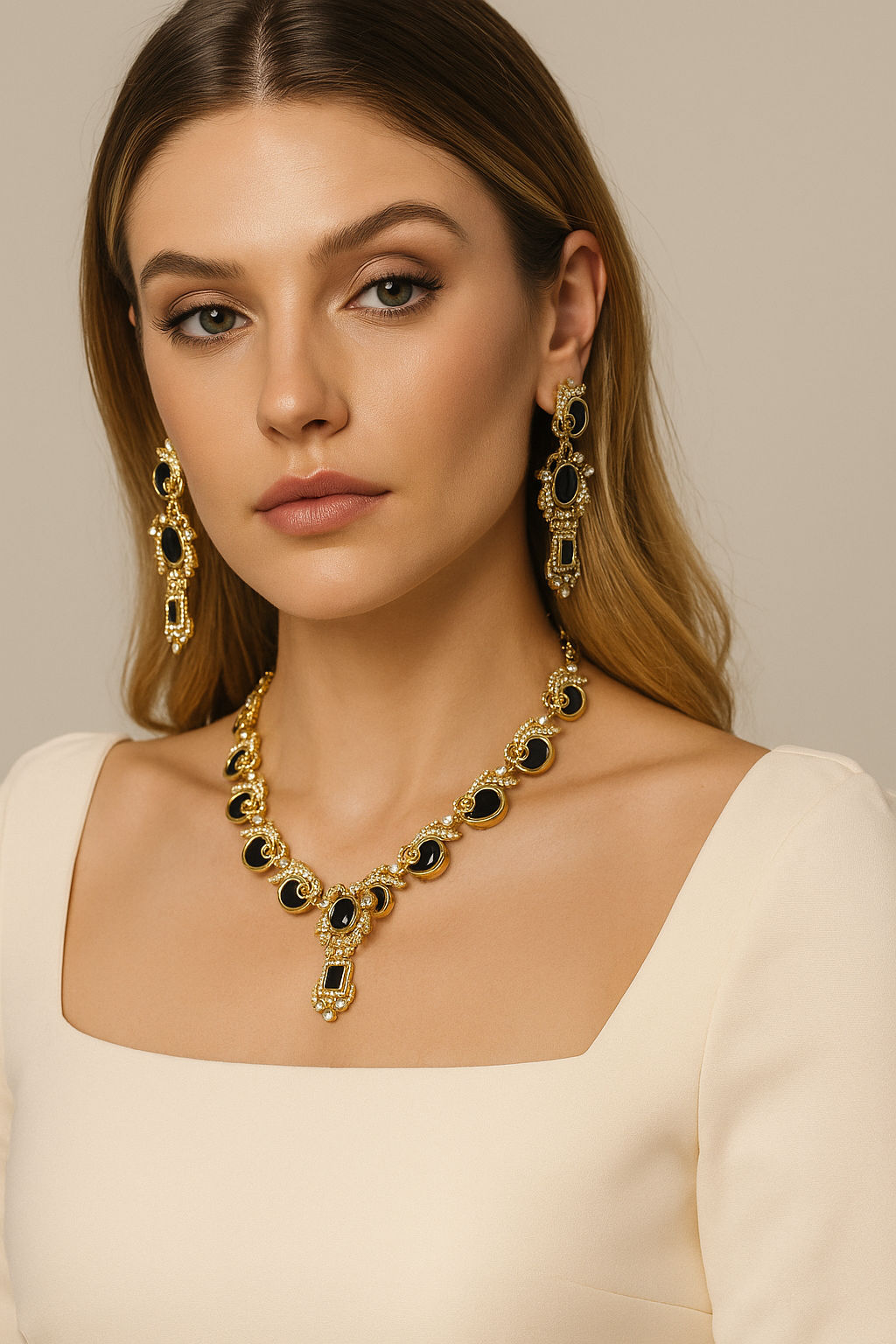 Majestic Black Gold Diamond Look Necklace Set