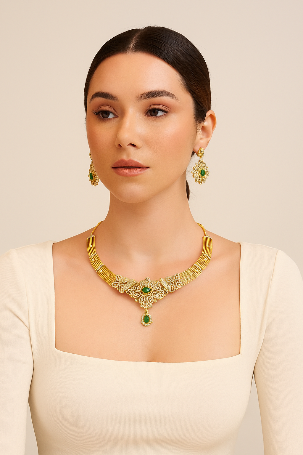Emerald Floral Diamond Look Choker Necklace Set