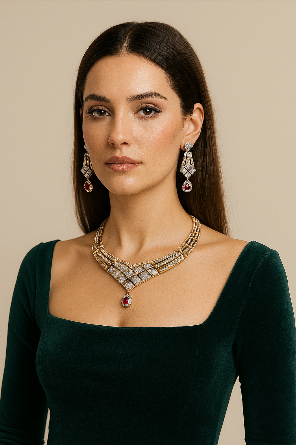 Ruby Drop Diamond Look Necklace Set