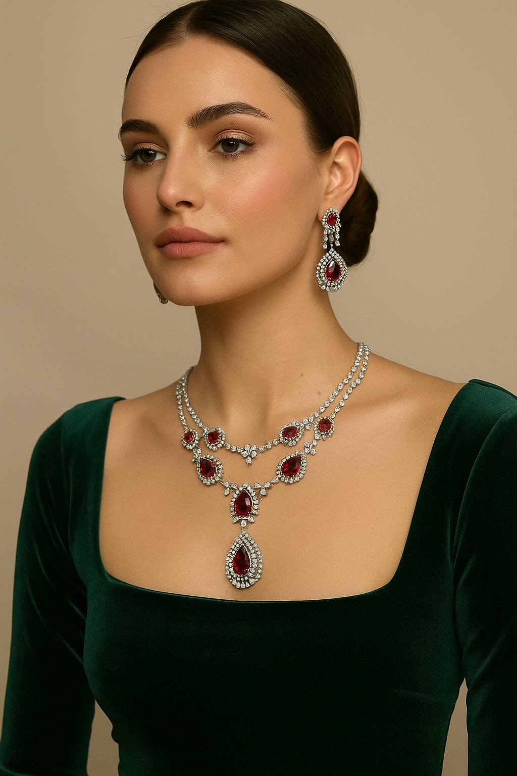 Royal Ruby Glamour Diamond Look Necklace Set
