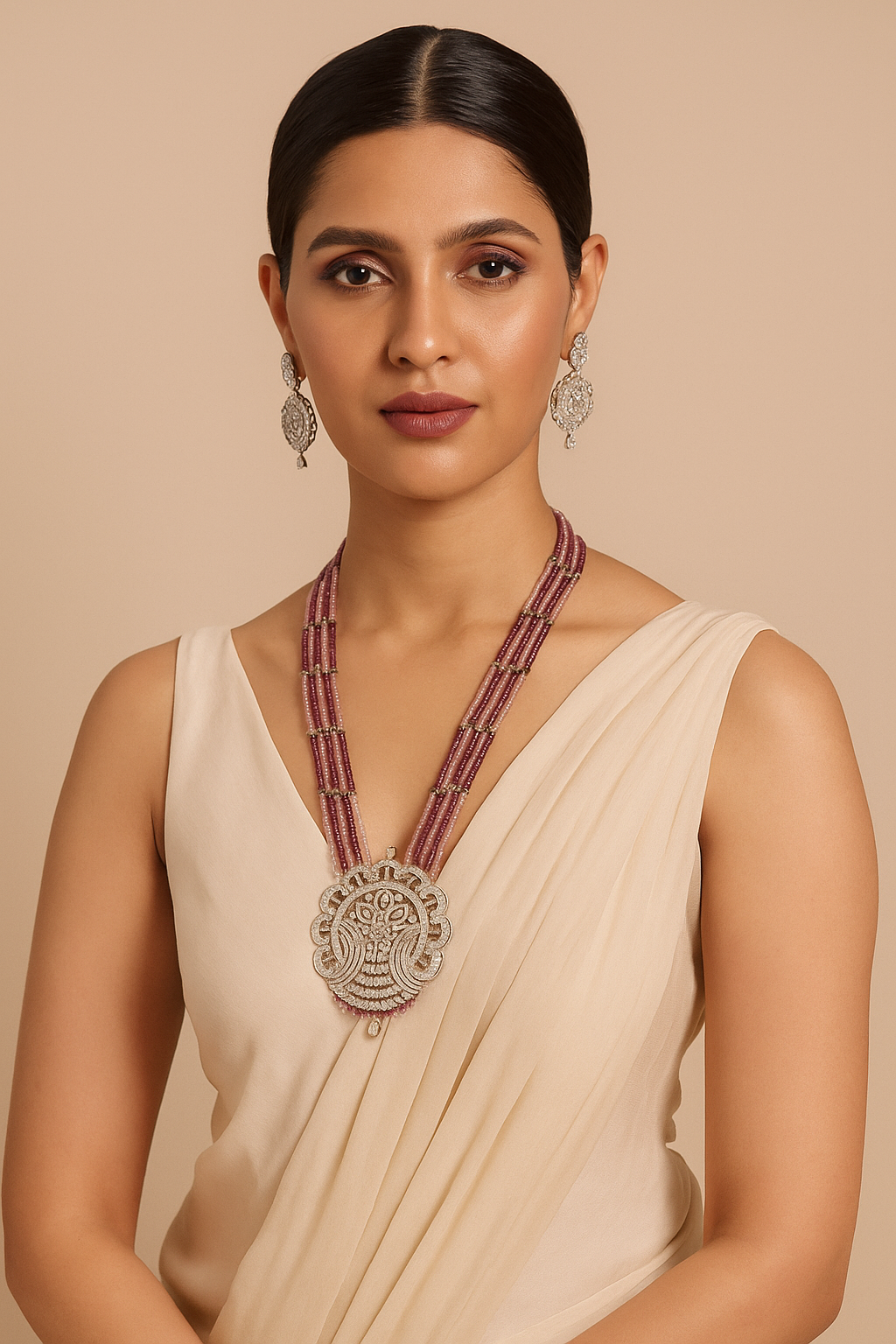 Dual Tone Diamond Carved Pendant Necklace Set