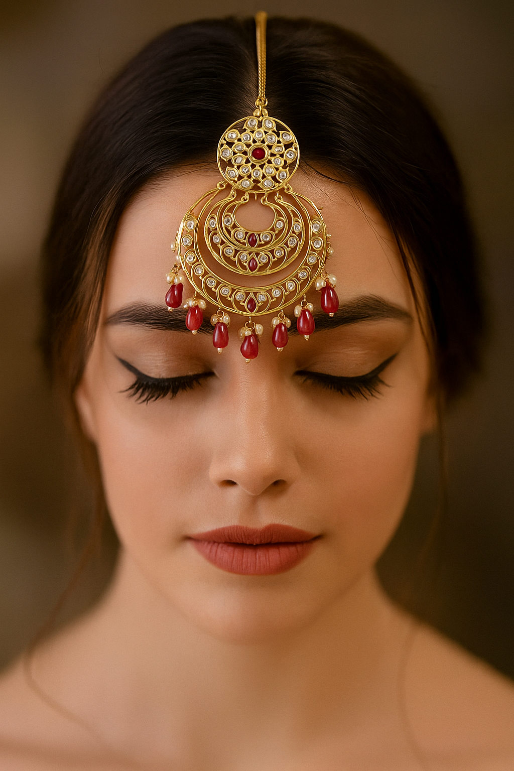 Royal Ruby Kundan Maang Tikka with Layered Crescent Design