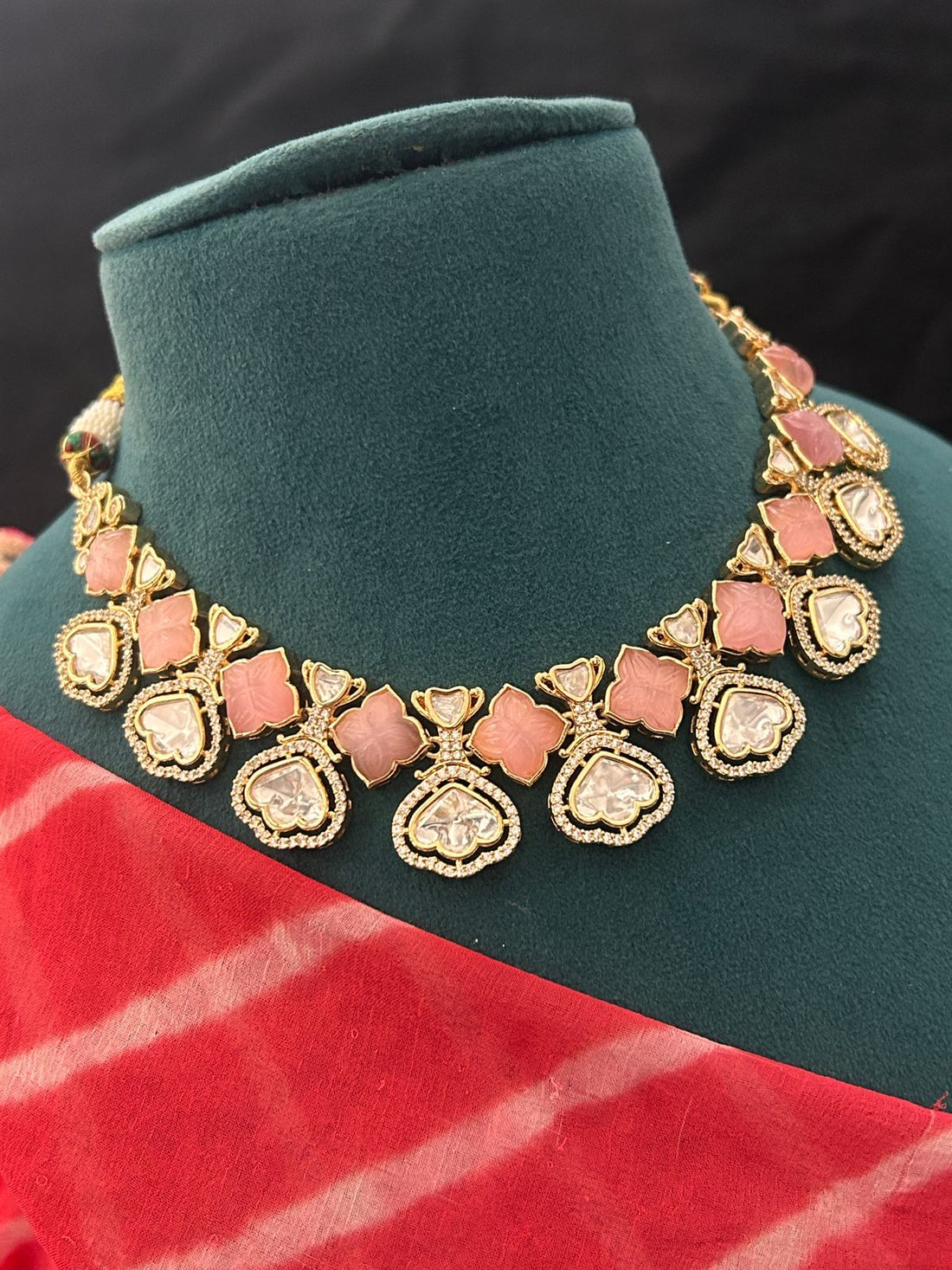 Elegant Pink Stone & Kundan Necklace Set with Earrings