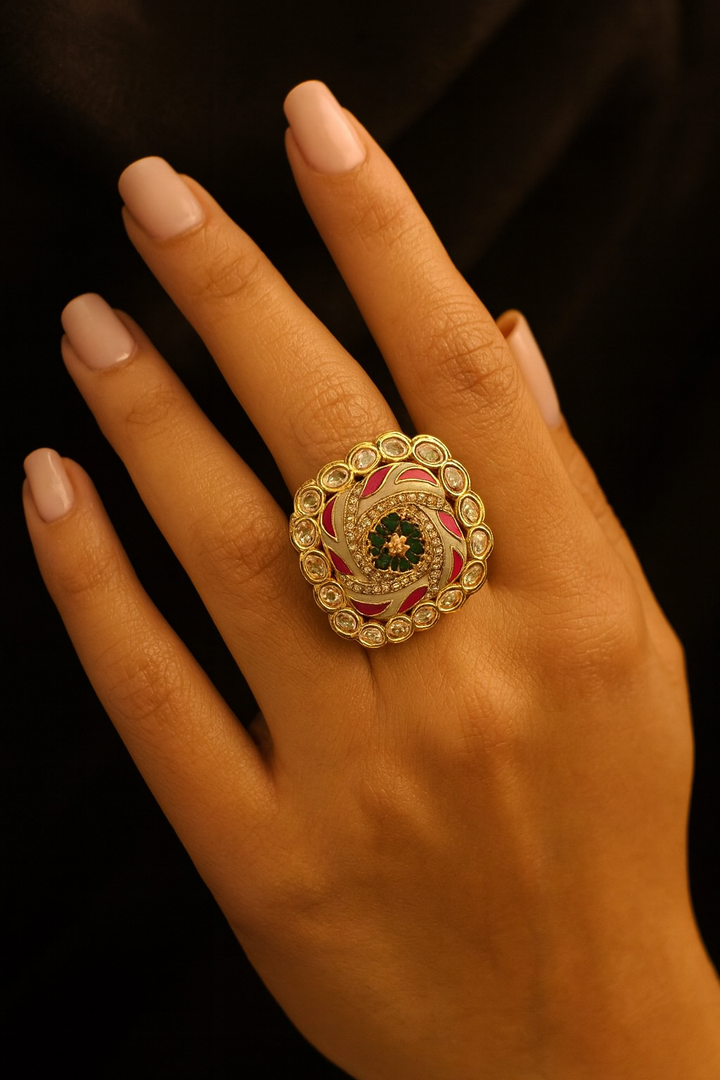 Elegant Pink & Green Kundan Floral Ring – Adjustable Party & Bridal Jewellery
