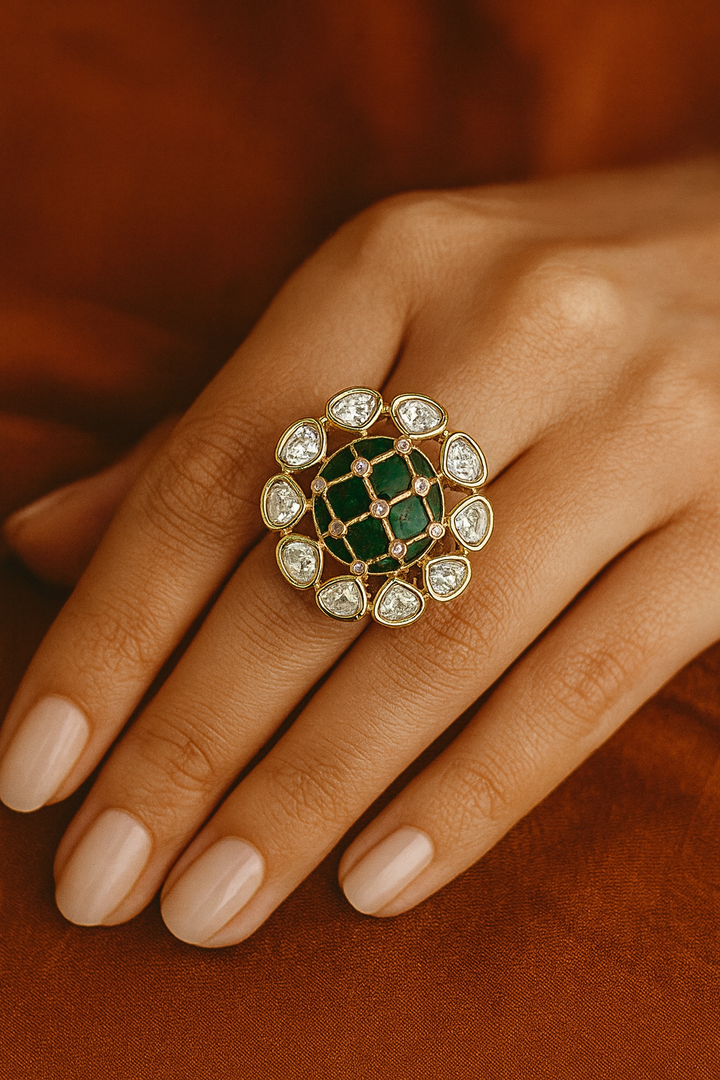Emerald Green Kundan Statement Ring with White Stone Border – Adjustable Traditional Ring
