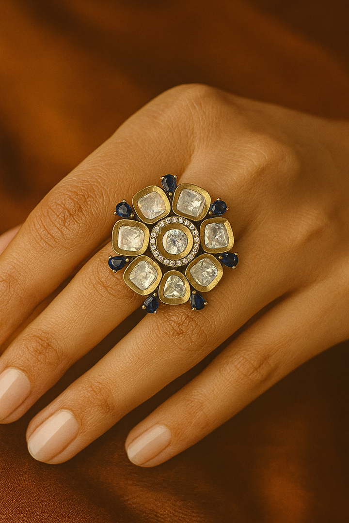 Blue Sapphire & White Kundan Floral Adjustable Ring – Traditional Cocktail Ring