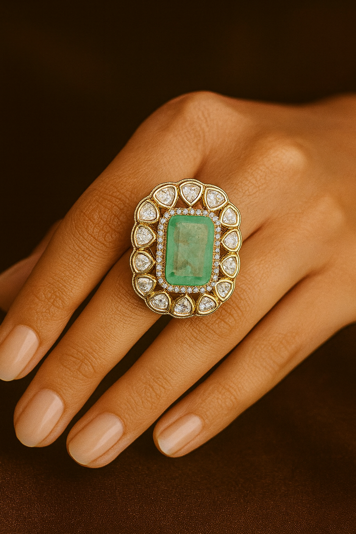 Royal Green Emerald & White Kundan Statement Ring – Adjustable Cocktail Ring
