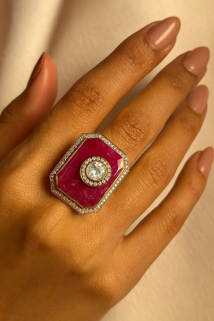 Luxury Ruby Kundan Statement Ring – Octagon Big Stone Adjustable