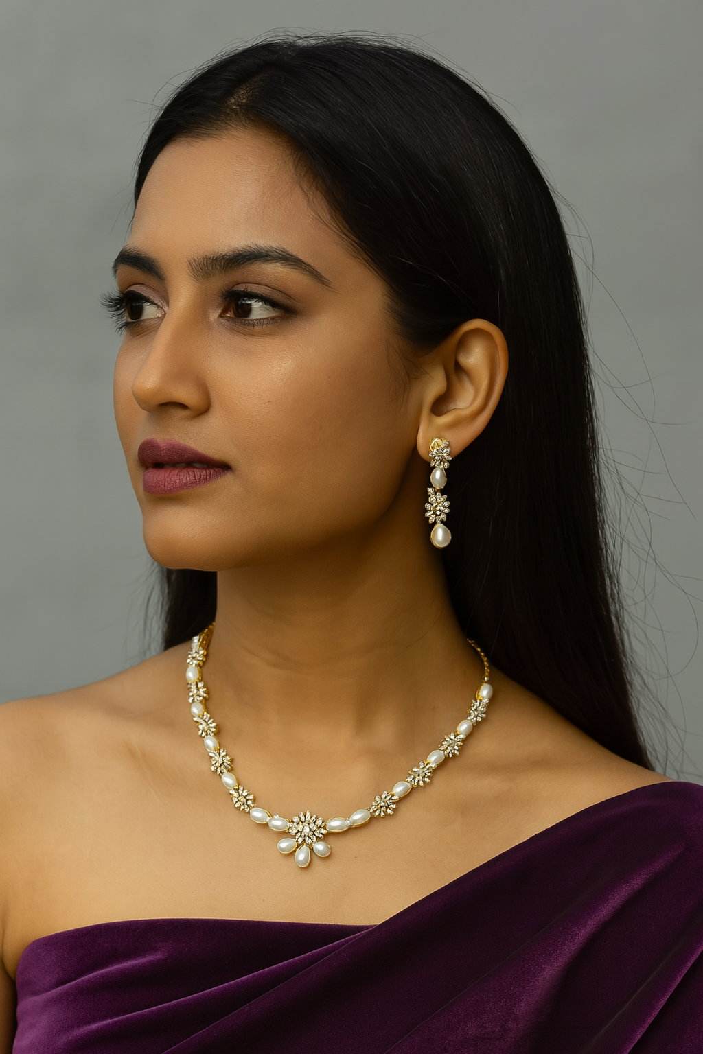 Elegant Pearl Drop Necklace Set – Gold Finish with CZ Diamonds