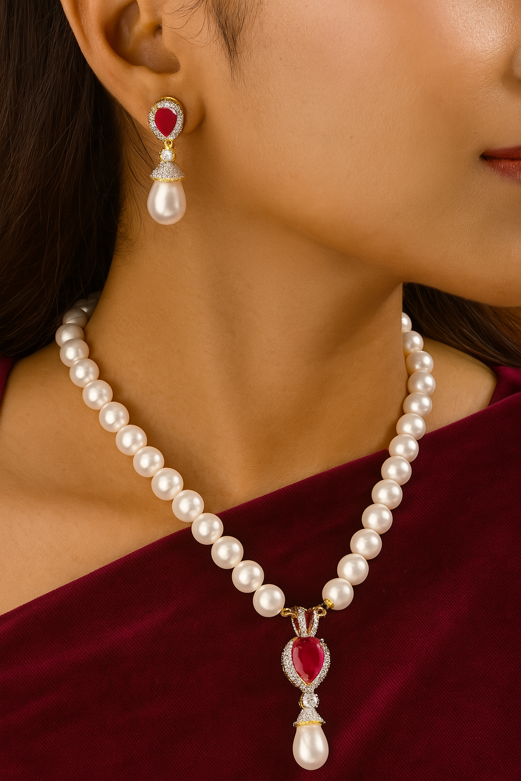 Classic Pearl Necklace Set with Ruby Pendant – Gold Finish