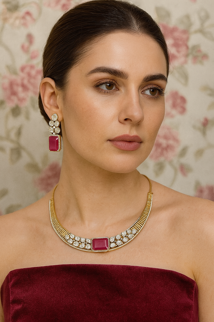 Ruby Stone Choker Necklace Set – Gold Finish with CZ Diamonds