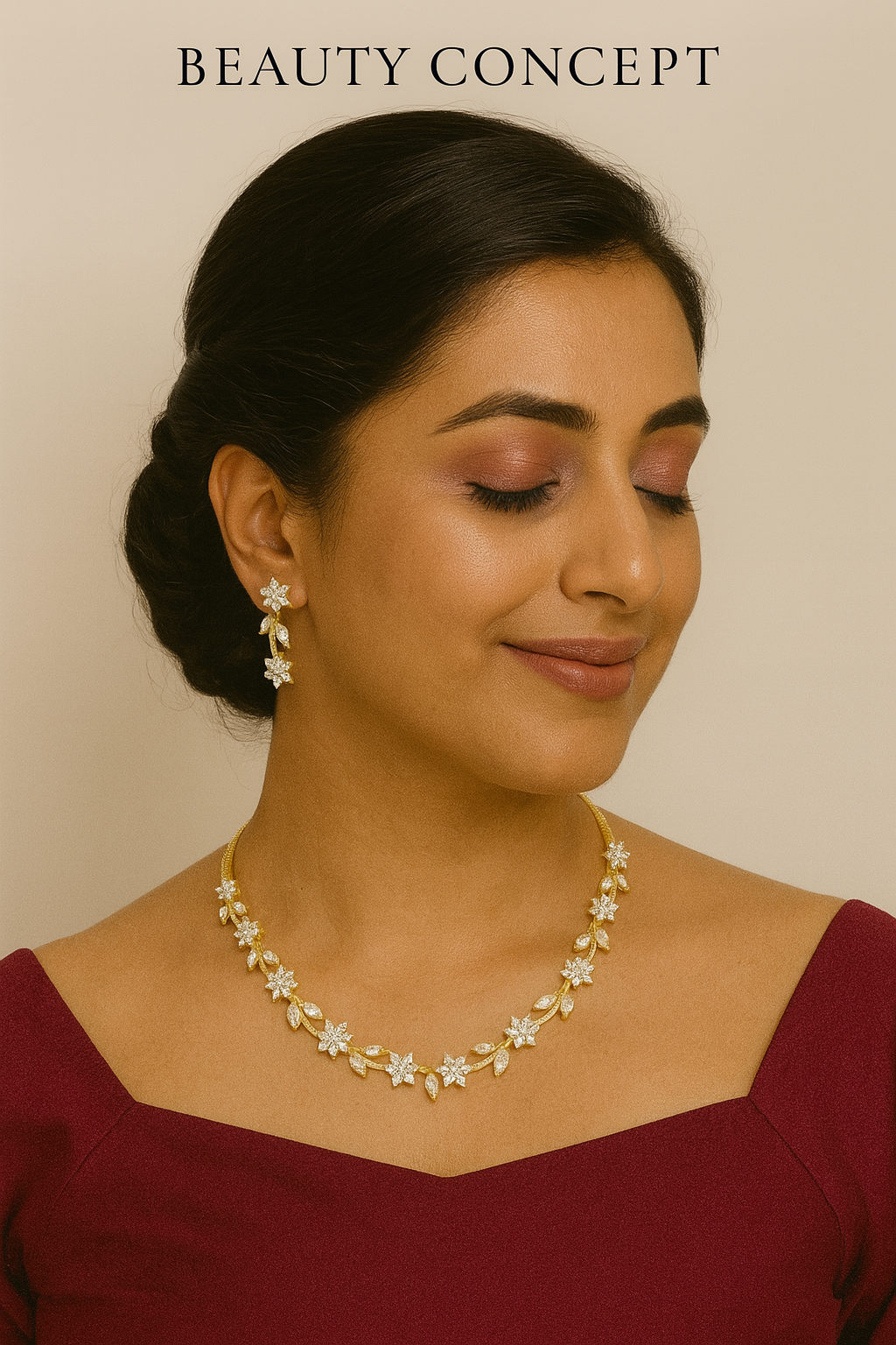 Delicate Floral CZ Diamond Necklace Set – Gold Finish