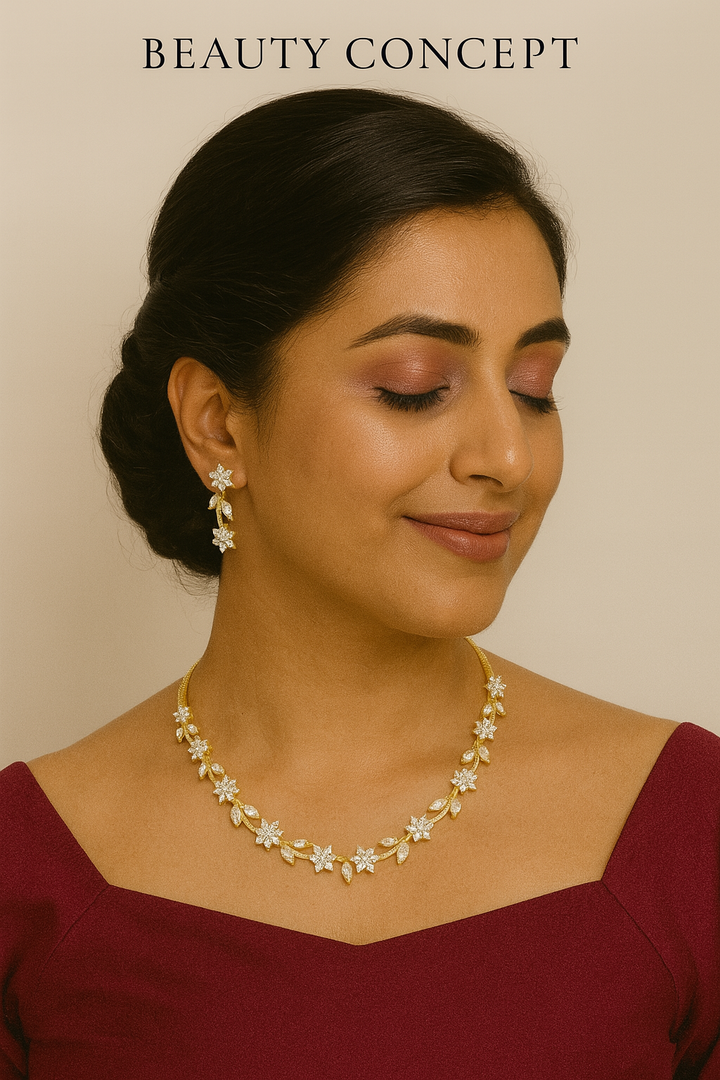 Delicate Floral CZ Diamond Necklace Set – Gold Finish