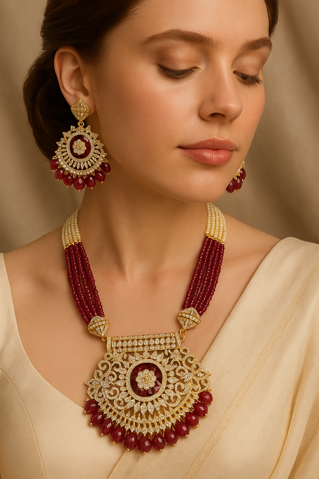 Ruby Beads & Diamond Look Necklace Set – Bridal Party Wear Jewellery