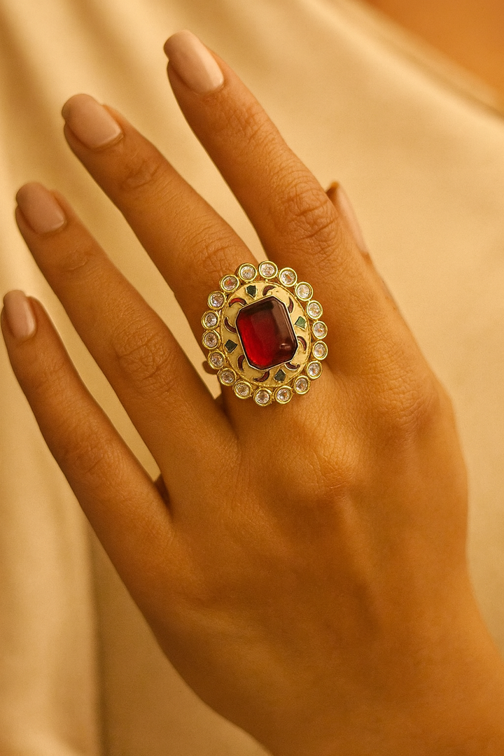 Royal Red Kundan Statement Ring – Adjustable Traditional Party & Bridal Wear