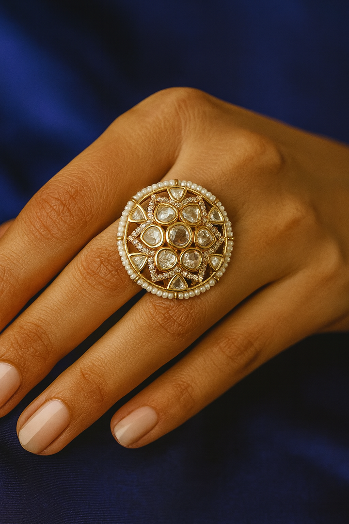 Grand Kundan Pearl Adjustable Ring – Bridal & Festive Jewellery