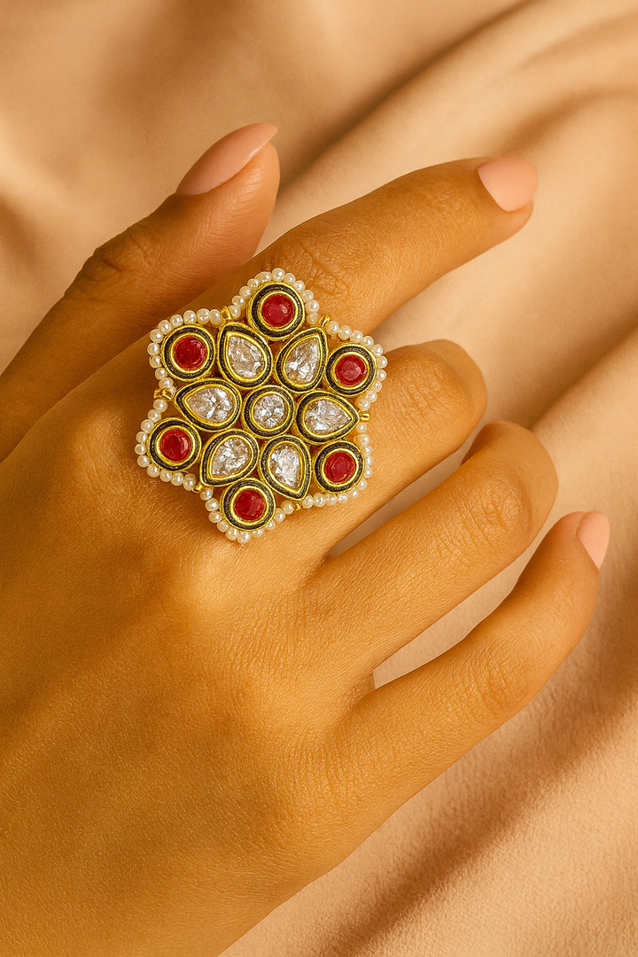 Red & White Kundan Floral Adjustable Ring – Traditional Oversized Statement Ring