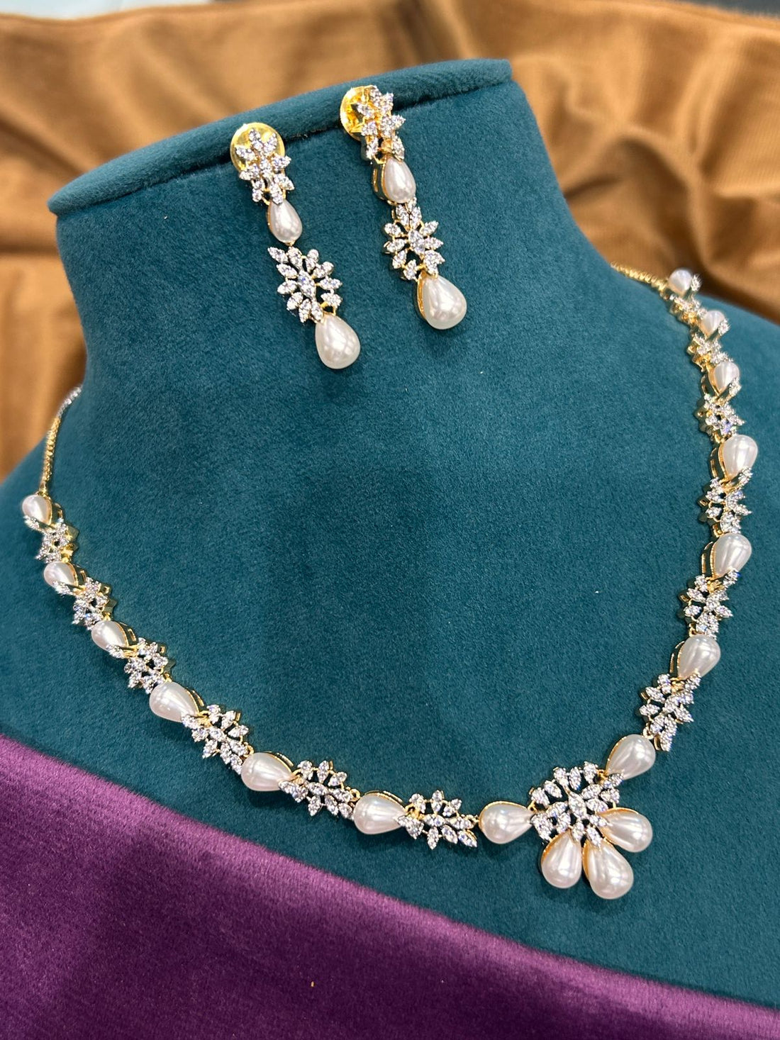Elegant Pearl Drop Necklace Set – Gold Finish with CZ Diamonds