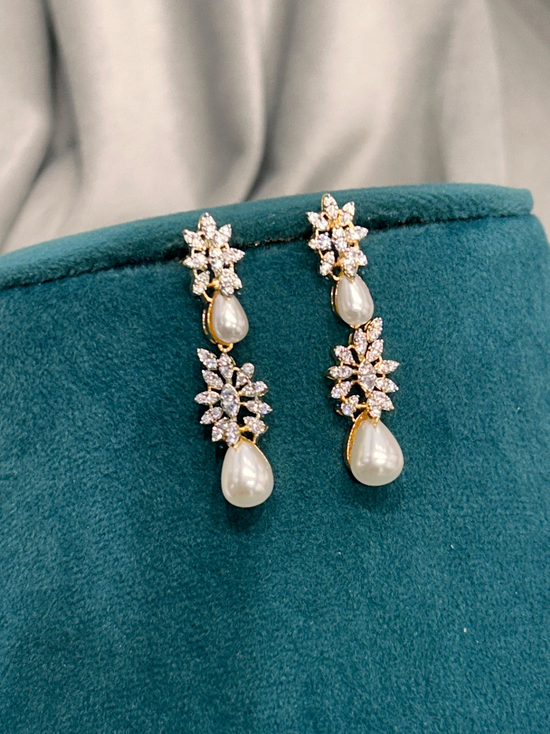 Elegant Pearl Drop Necklace Set – Gold Finish with CZ Diamonds