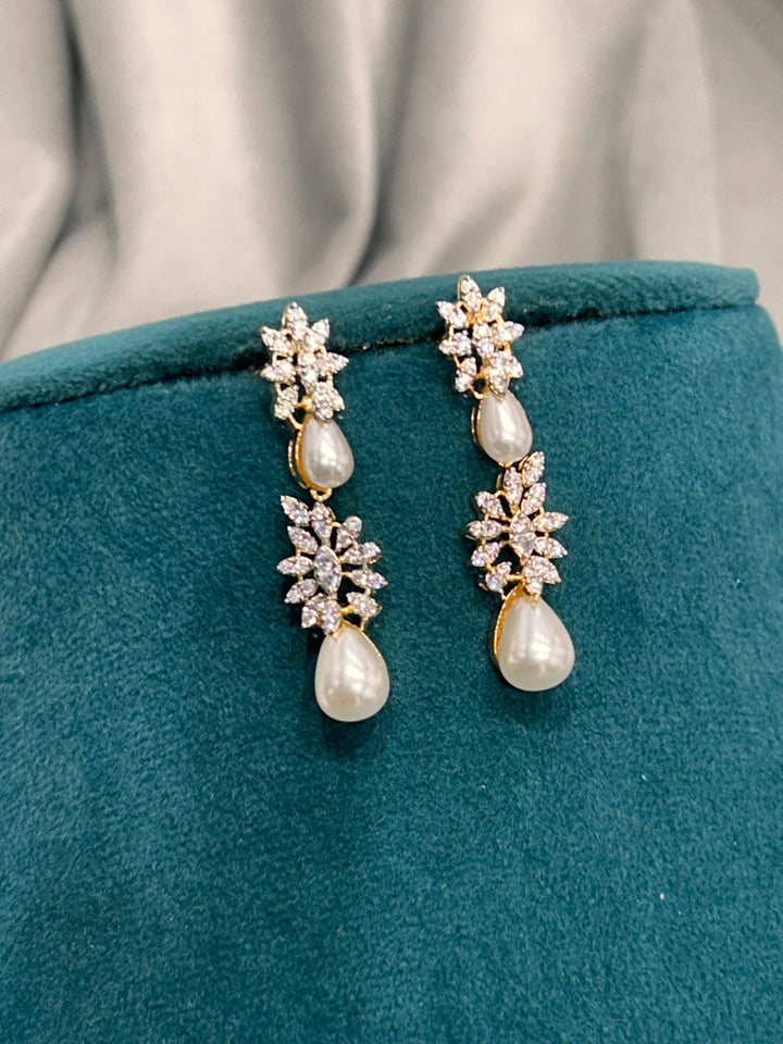 Elegant Pearl Drop Necklace Set – Gold Finish with CZ Diamonds