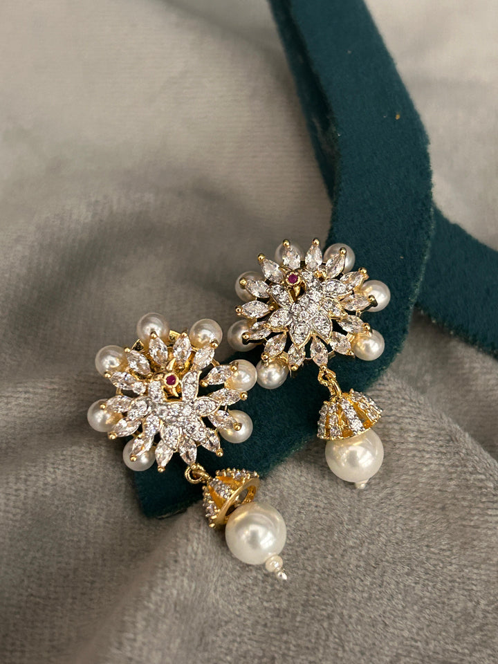 Designer Pearl Drop Earrings with CZ Diamond Finish