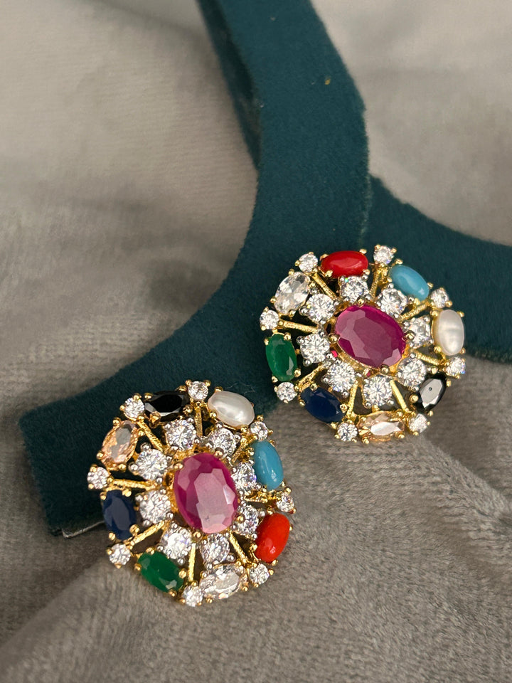 Navratna Pendant Set with Colorful Stones & CZ Diamonds