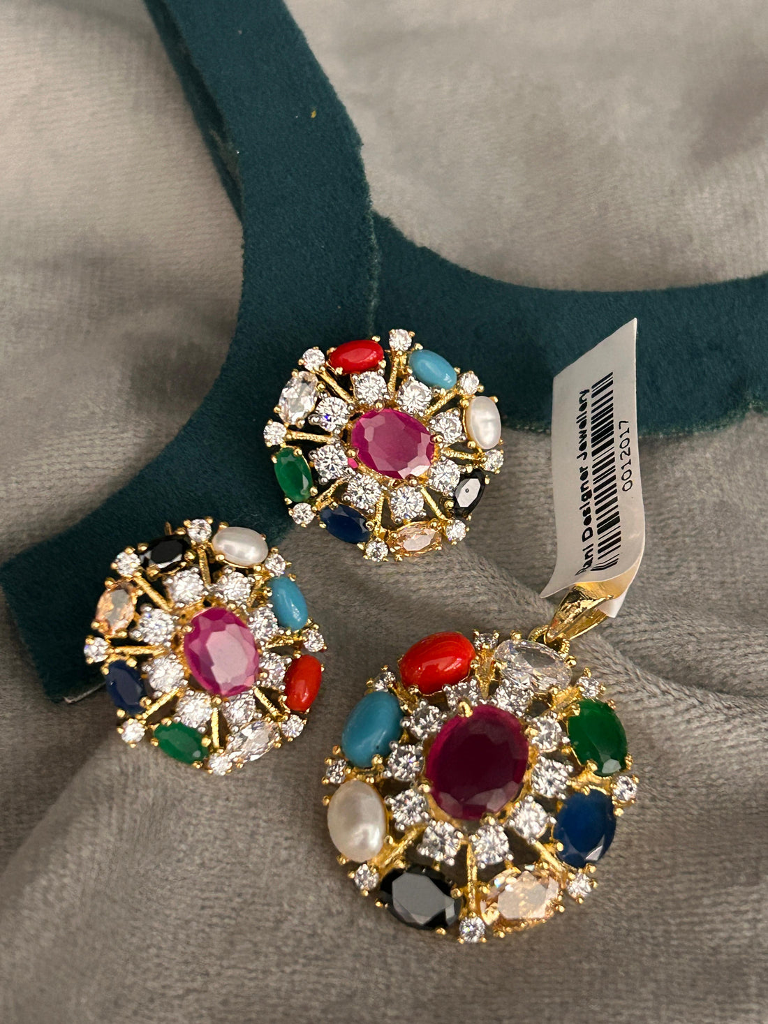 Navratna Pendant Set with Colorful Stones & CZ Diamonds