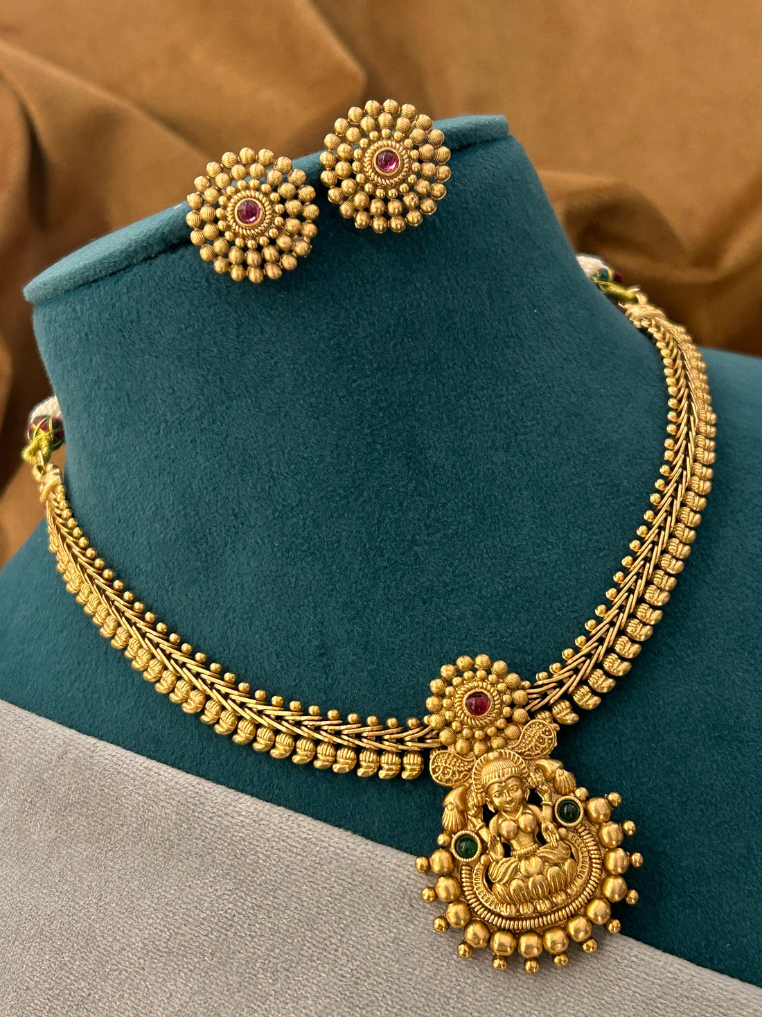 Antique Lakshmi Temple Necklace Set with Traditional Studs